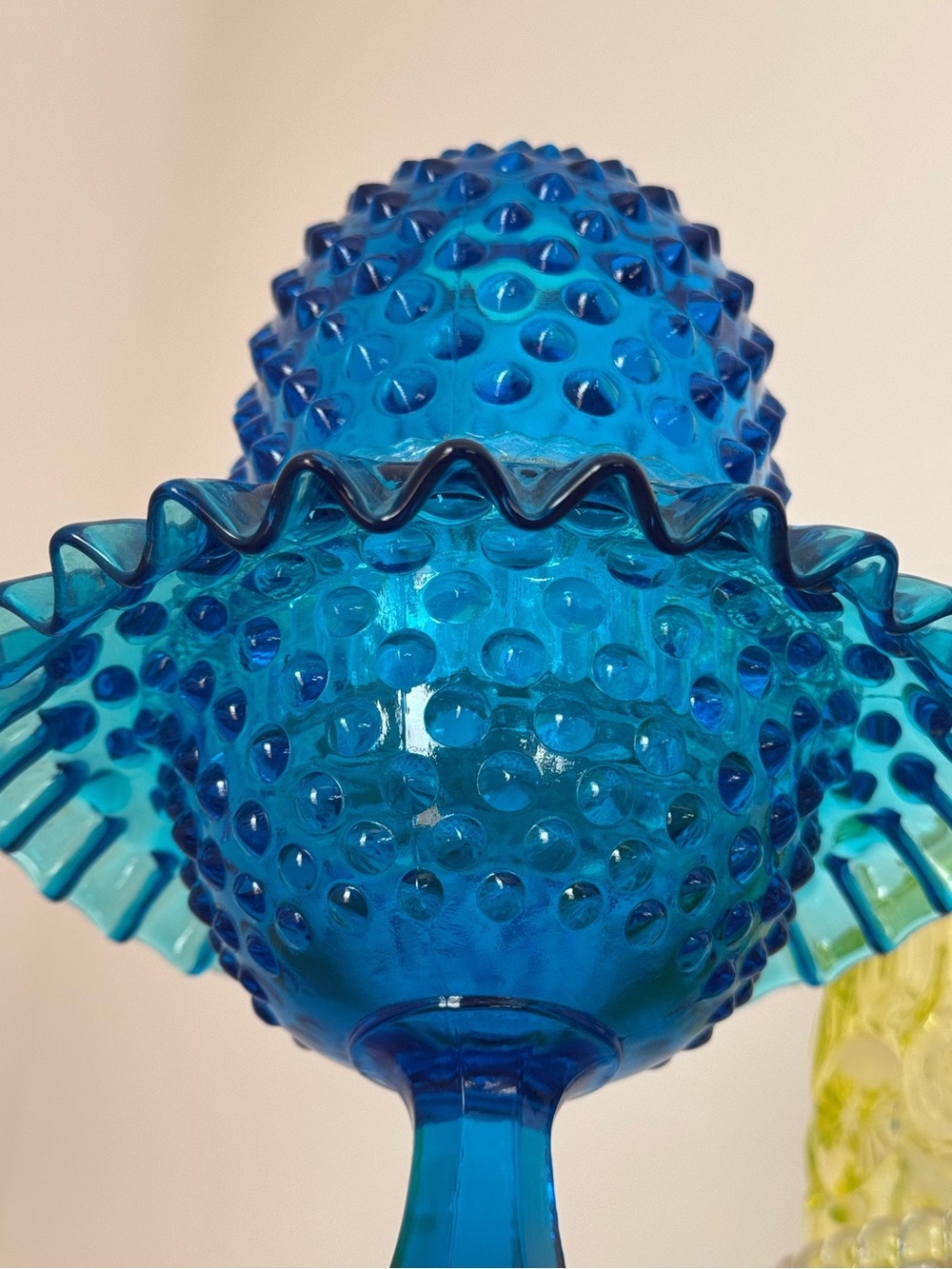 VINTAGE Antique Fenton Colonial Blue Hobnail 3 Piece Pedestal Fairy Lamp - Picture 4 of 12